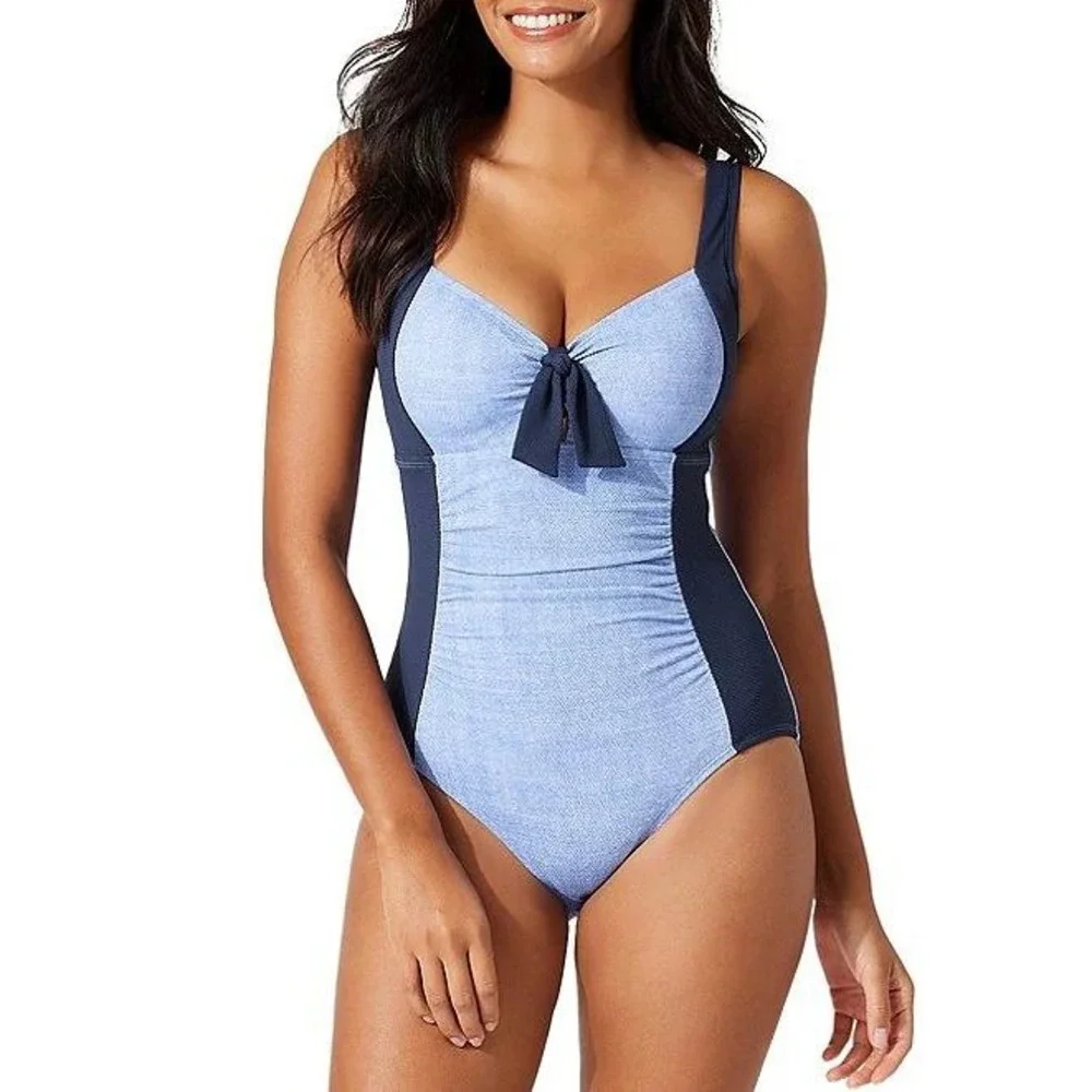Tommy Bahama Island Cays Block Tie Front Tummy Control One Piece Swim Blue Sz 12